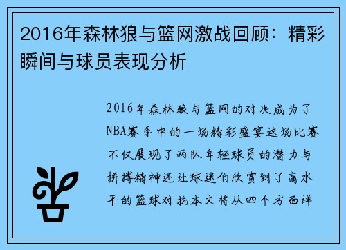 2016年森林狼与篮网激战回顾：精彩瞬间与球员表现分析